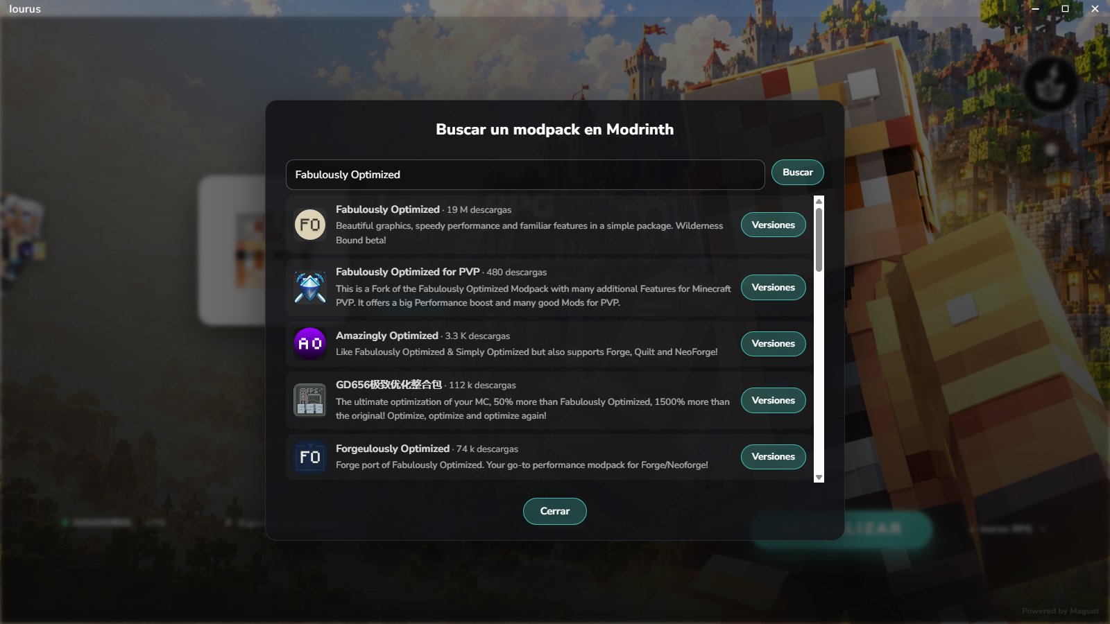Searching Modrinth for a modpack from inside the launcher, with download counts and a Versions button for each result.