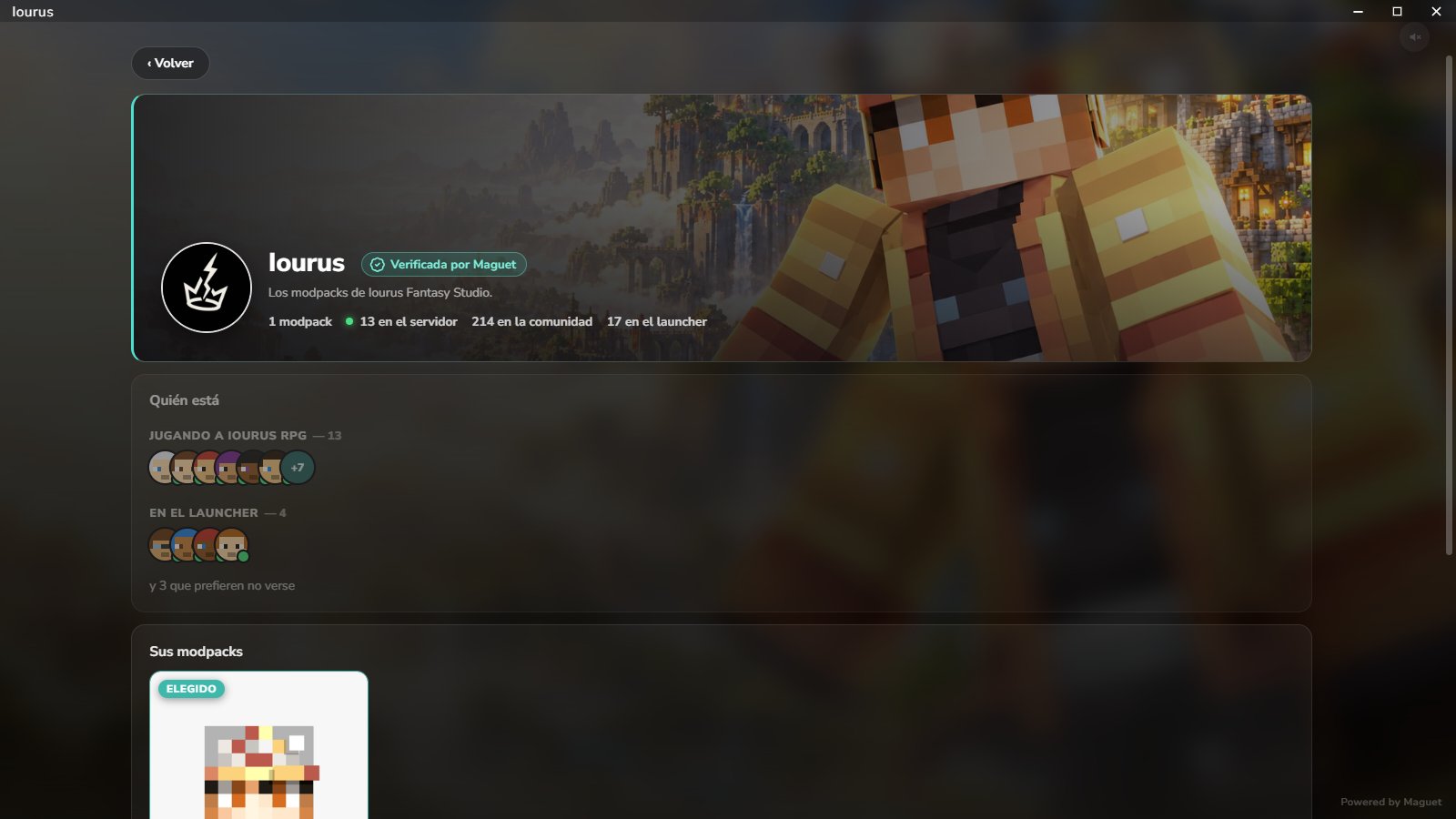 A community inside the launcher with its 'Verified by Maguet' seal, how many are on the server, and who is online right now, grouped by what they're playing.