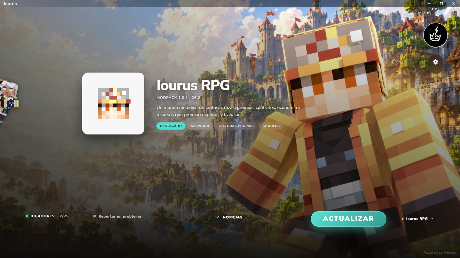 The same launcher branded for Iourus, a fantasy RPG community: their artwork, their modpack and their colours.