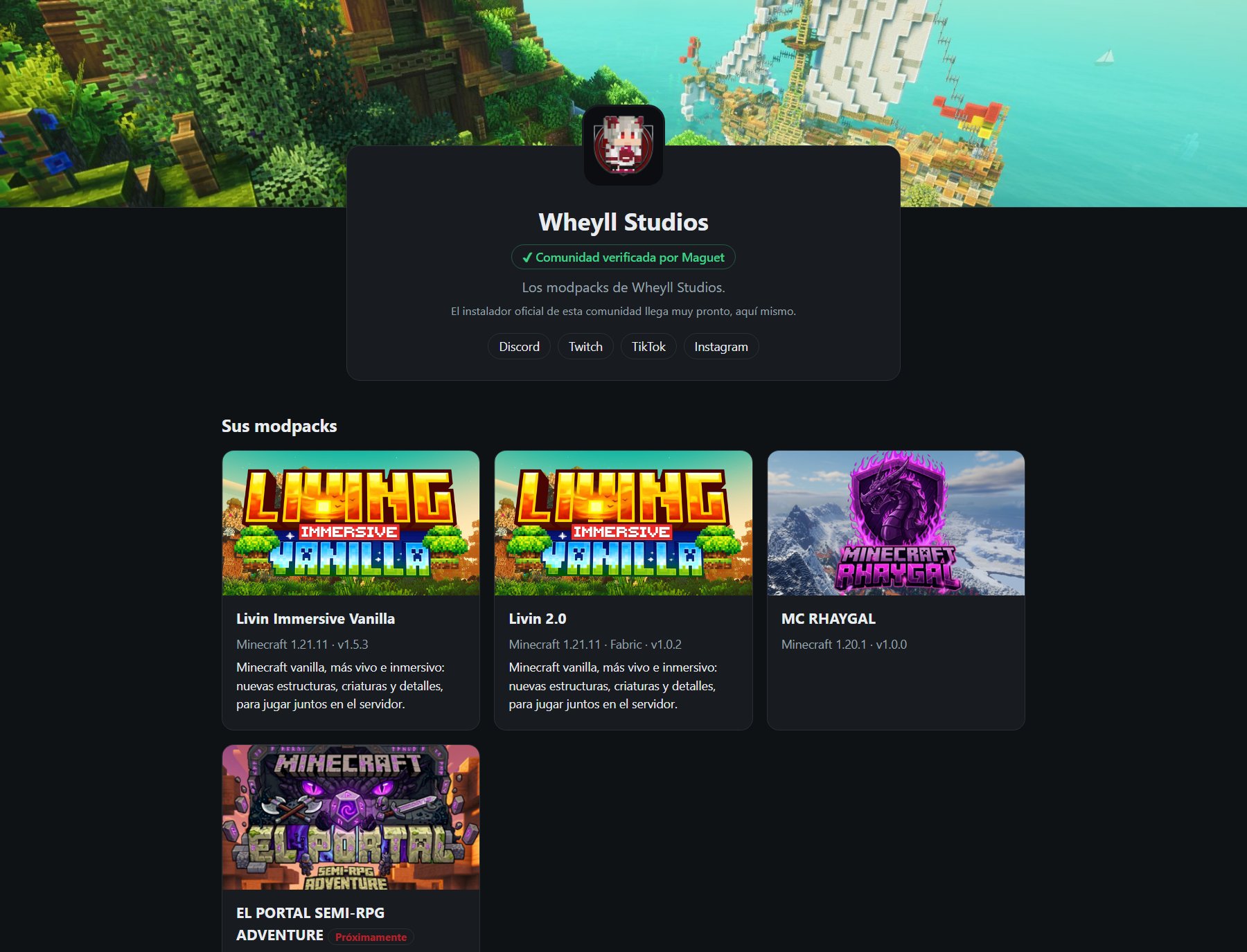 Wheyll Studios' public page: banner, emblem, the 'Community verified by Maguet' seal, social links and their modpacks.