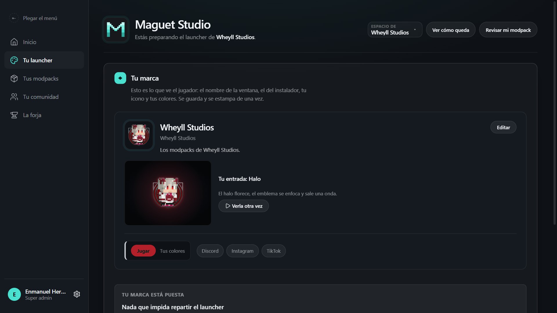 Maguet Studio, Your brand: Wheyll Studios' name, emblem, entrance animation, colours and social links.