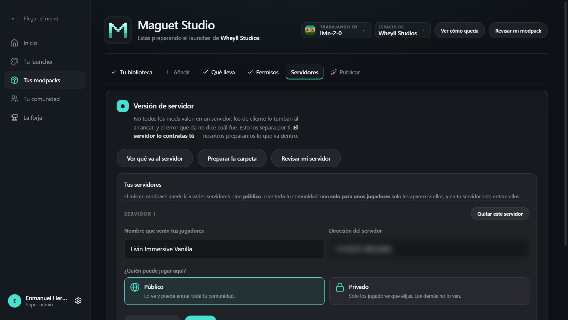 Maguet Studio, Server version: buttons to see what goes to the server, prepare the folder and check the server, plus public or private servers.