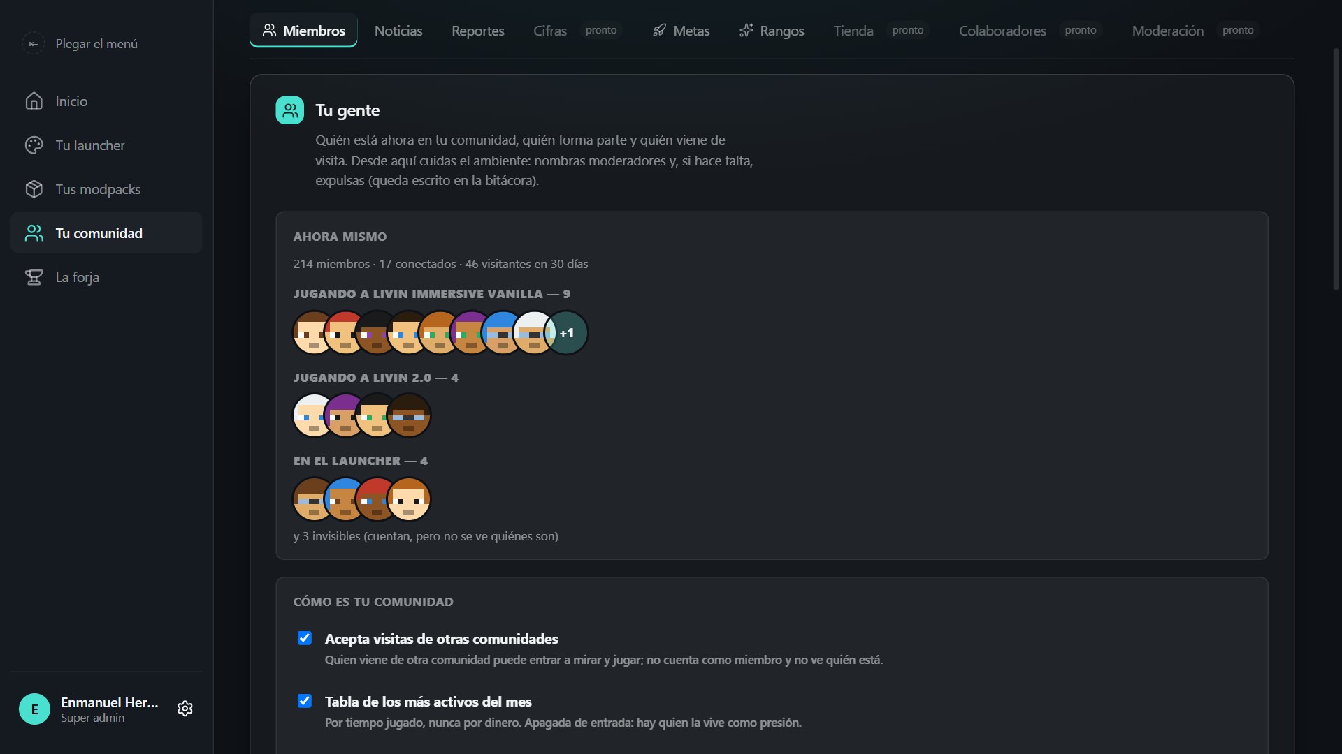 Maguet Studio, Your people: members, who is online grouped by modpack, and community settings.